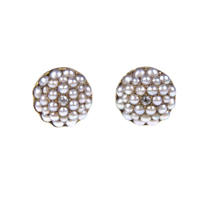 Pair of 19th century seed pearl and diamond cluster earrings